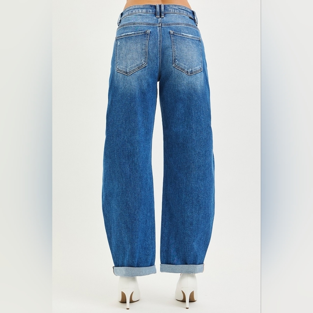 RISEN Mid Rise Dark Wash Barrel Jeans Double Roll Cuffed Full Length Various NEW - Picture 11 of 15
